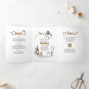 Invitation Trois Volets Doodles Whimsical Funky Photo Mariage moderne
