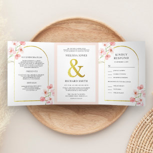 Invitation Trois Volets Douce Mariée Arch Floral Fleur de Cerisier Rose Pâ