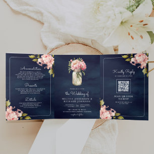 Invitation Trois Volets Douce Pivoine Rose Clair Pot Mason Code QR Marine