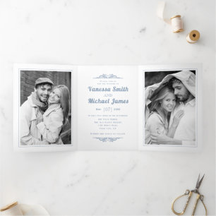 Invitation Trois Volets Dusty bleu éléments vintages et mariage de typogra