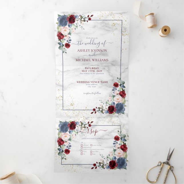 Invitation Trois Volets Dusty Blue Bourgogne Blush Gold FlorMariage (Intérieur)