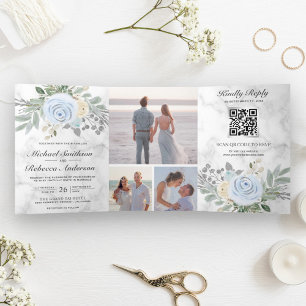 Invitation Trois Volets Dusty Blue Floral Marbre blanc QR Code Mariage
