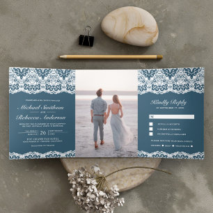 Invitation Trois Volets Dusty Blue Pays Dentelle blanche tout en un Mariag