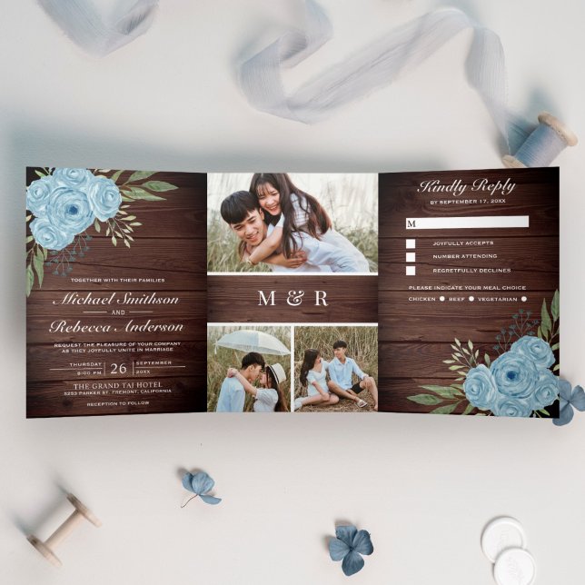Invitation Trois Volets Dusty Blue Roses Photo Collage Mariage en bois rus (Créateur téléchargé)