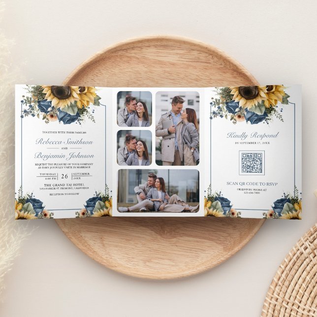 Invitation Trois Volets Dusty Blue Roses Sunflowers Photo QR Code Wedding (Créateur téléchargé)