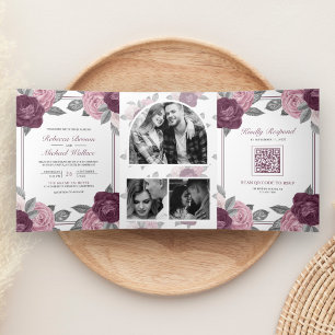 Invitation Trois Volets Dusty Mauve Purple Rose Rose QR Code Mariage