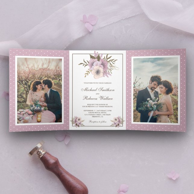 Invitation Trois Volets Dusty Mauve Rose Floral Mariage Photo (Créateur téléchargé)