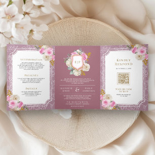 Invitation Trois Volets Dusty Mauve rose Floral tout en un Mariage de crêt