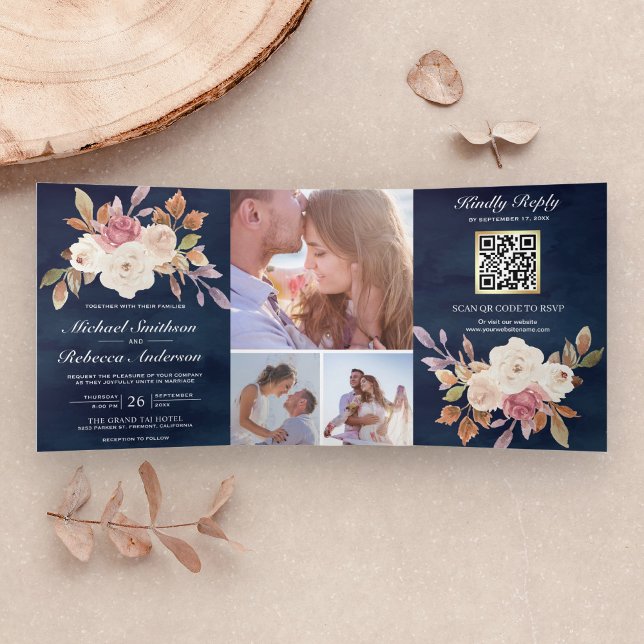 Invitation Trois Volets Dusty Pink Ivory Floral Navy Blue QR Code Mariage (Créateur téléchargé)