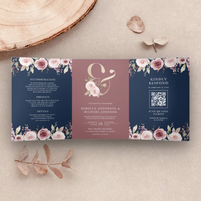 Invitation Trois Volets Dusty Rose Floral Ampersand QR Code Marine Mariage (Créateur téléchargé)