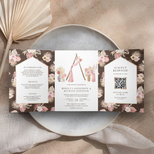 Invitation Trois Volets Dusty rose Floral Boho Arbor Wood QR Code Mariage