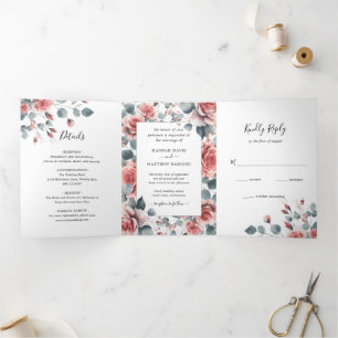 Invitation Trois Volets Dusty Rose rose Floral Elégant Mariage aquarelle