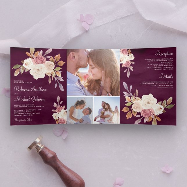 Invitation Trois Volets Dusty Rose rose ivoire floral prune violet Mariage (Créateur téléchargé)