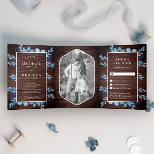 Invitation Trois Volets Eau Bleue Poussiéreuse Fleurs Aquarelle Photo Bois