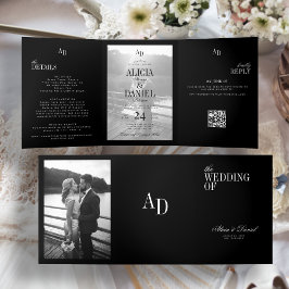 Invitation Trois Volets Elegant black wedding photo RSVP QR all in one