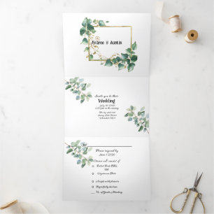 Invitation Trois Volets Elégant blanc avec Mariage de finition Eucalyptus