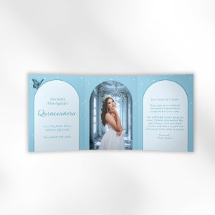 Invitation Trois Volets Elégant bleu clair Quinceañera - Photo personnalis