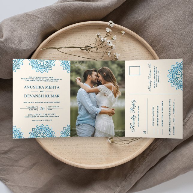 Invitation Trois Volets Elégant bleu mandala Mariage indien traditionnel (Créateur téléchargé)