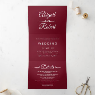 Invitation Trois Volets Elégant bordeaux, typographie blanche mariage phot