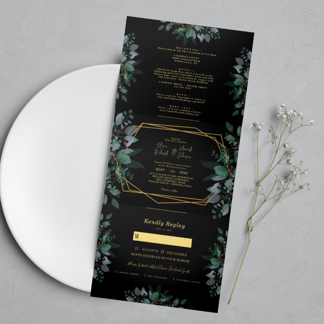 Invitation Trois Volets Elégant cadre géométrique Mariage photo noir (Créateur téléchargé)