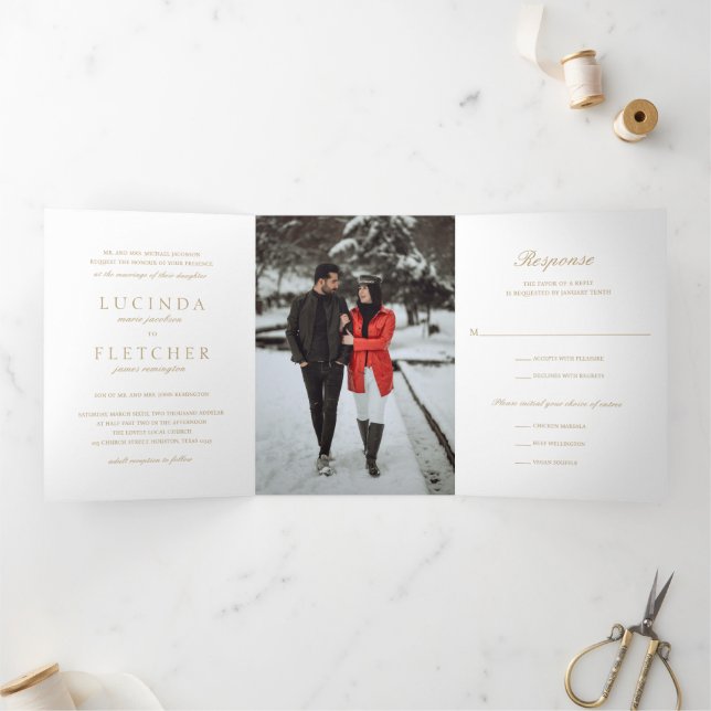 Invitation Trois Volets Élégant classique Gold Photo Mariage officiel (Intérieur)