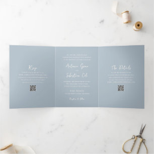 Invitation Trois Volets Élégant code QR bleu poudre mariage moderne