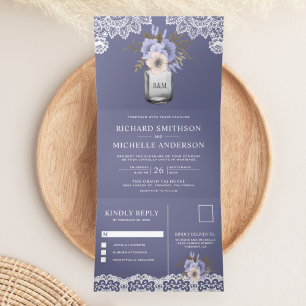 Invitation Trois Volets Elégant Dusty violet Floral Mason Jar Mariage dent