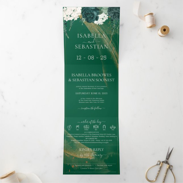 Invitation Trois Volets Elegant Emerald Roses All In One Wedding Tri- (Intérieur)