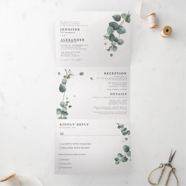 Invitation Trois Volets Elégant Eucalyptus tout en un Mariage (Intérieur)