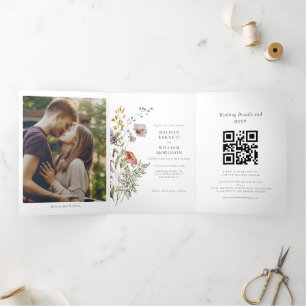 Invitation Trois Volets Élégant Fleur sauvage photo Boho Mariage