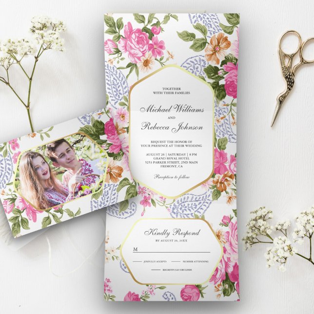 Invitation Trois Volets Elégant Jardin botanique rose Roses 3 en 1 Mariage (Créateur téléchargé)