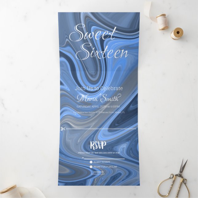 Invitation Trois Volets Élégant marbre doux liquide | Bleu de l'Agate (Intérieur)