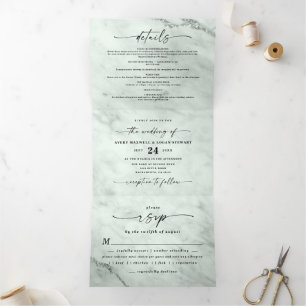 Invitation Trois Volets Élégant marbre vert Sage avec Mariage à huile