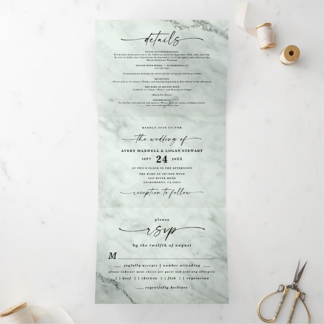 Invitation Trois Volets Élégant marbre vert Sage avec Mariage à huile (Intérieur)
