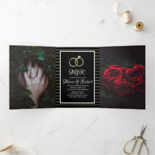 Invitation Trois Volets Élégant Mariage à Rayures de Feuille d'Or Noire