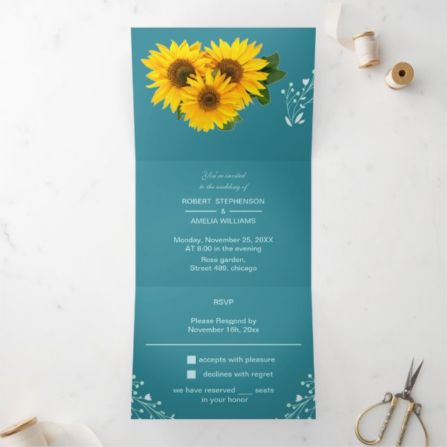 Invitation Trois Volets Élégant Mariage Customisé tournesol (Intérieur)