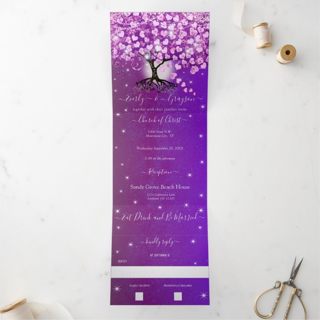 Invitation Trois Volets Élégant Mariage de feuille de coeur rose violet (Intérieur)