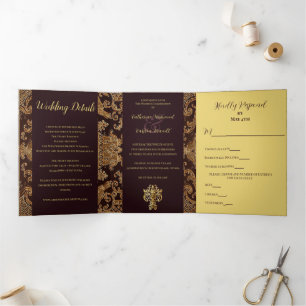 Invitation Trois Volets Élégant Mariage de tapisserie