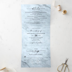 Invitation Trois Volets Élégant Mariage en marbre bleu clair et poussiéreu