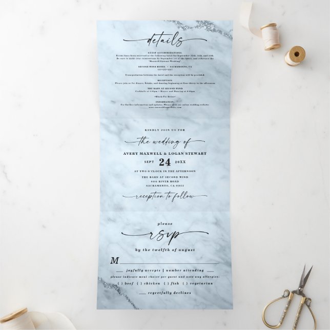 Invitation Trois Volets Élégant Mariage en marbre bleu clair et poussiéreu (Intérieur)