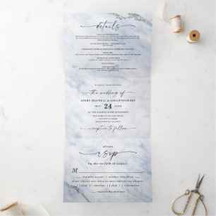 Invitation Trois Volets Elégant Mariage en marbre métallique bleu et argen