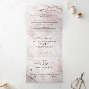 Invitation Trois Volets Élégant Mariage en marbre rose-rose