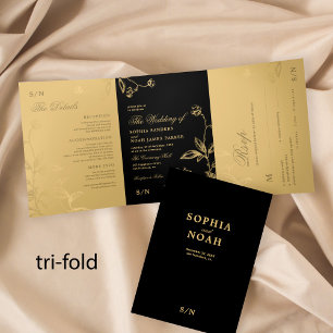 Invitation Trois Volets Élégant mariage floral or noir RSVP détails