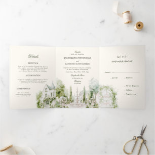 Invitation Trois Volets Élégant mariage manoir jardin aquarelle