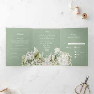 Invitation Trois Volets Élégant mariage manoir jardin aquarelle