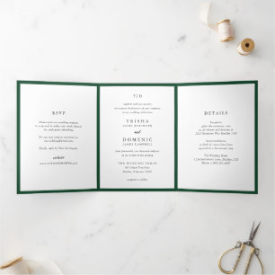 Invitation Trois Volets Élégant Mariage Moderne Monogramme Vert Émeraude