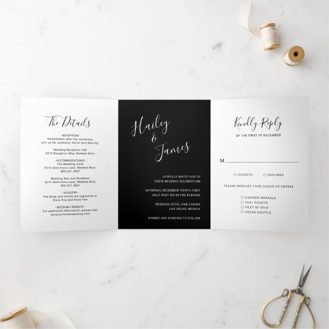 Invitation Trois Volets Élégant Mariage moderne noir (Intérieur)