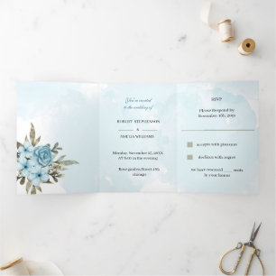 Invitation Trois Volets Elégant Mariage personnalisé Fleur Bleue