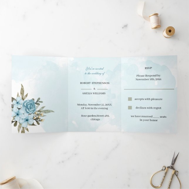 Invitation Trois Volets Elégant Mariage personnalisé Fleur Bleue (Intérieur)