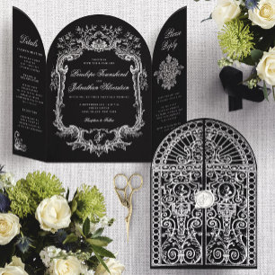 Invitation Trois Volets Élégant Mariage Porte Arch Baroque Noir Blanc